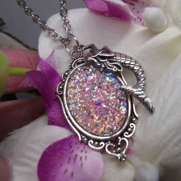 Mermaid Silver Necklace Purple Druzy Cameo Charm - Picture 7 of 7